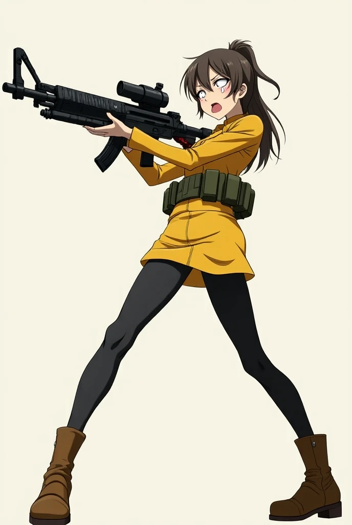  draw an anime of the Japanese shrine maiden, Kitsune Musume 。 draw him in the background .。Has a machine gun。 wear a miniskirt and black pantyhose .。 in a tall, model-like style Please draw.。Please draw with a beautiful chest 。 draw him in a yellow combat...