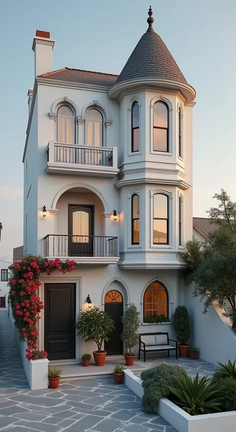 A photorealistic picture of the cutest Victorian Gothic high small narrow apartment which has four floors, springing from the flank of a very high semi-dry steep sloping hill in the island of Santorini at the corner of narrow paths for pedestrians as in Sa...