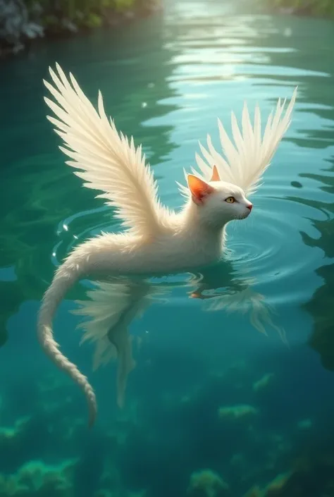 feline like creature with feathery wings swimming in a crystal clear lake with a strong tail made for swimming