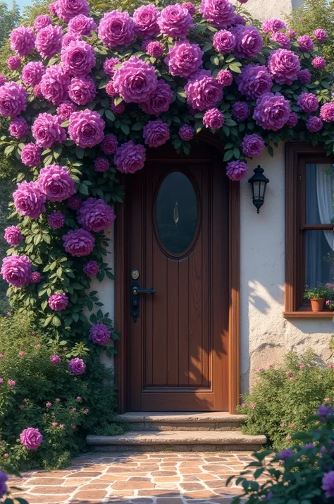 Purple rose covering door of a house
