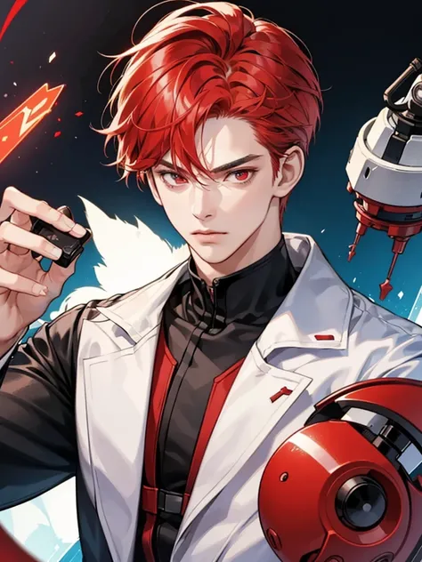 a boy, red hair, red eyes, he quiet, not have expression. cool, handsome. he like android. he sad. Background in laboratory