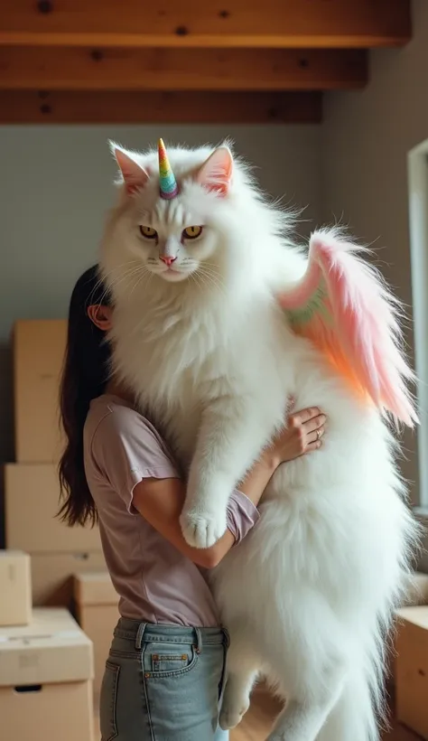 An ultra-realistic image of a large fluffy cat with a unicorn horn and wings, being held by a woman. The cat has soft, white fur with a pastel rainbow-colored mane, and its wings are similarly fluffy with a gradient of pastel colors, from soft pinks to gre...