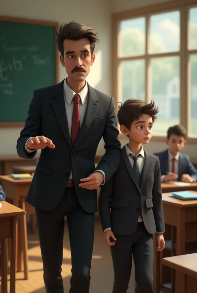 Create an image in which the teacher takes a boy out of class