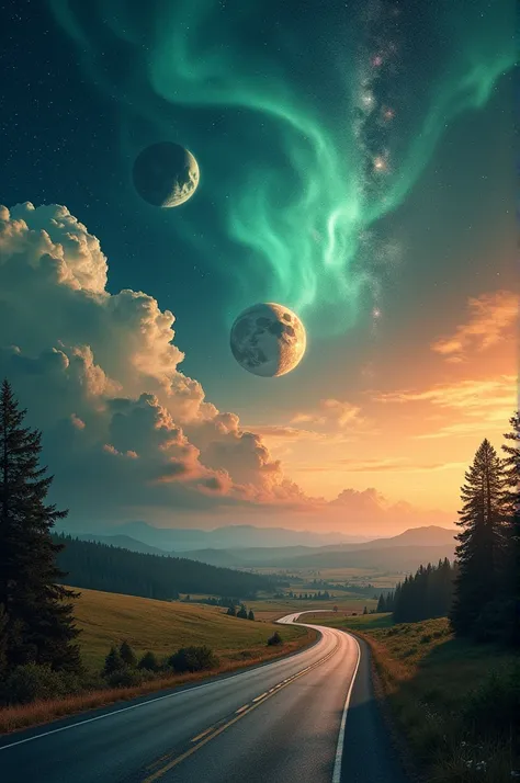 Imagine a breathtaking scene where the sky is replaced by the view of a distant planet, with swirling clouds in shades of teal and orange, and two moons hanging low on the horizon. Stars twinkle in vibrant colors, creating a cosmic tapestry. Below, the fam...