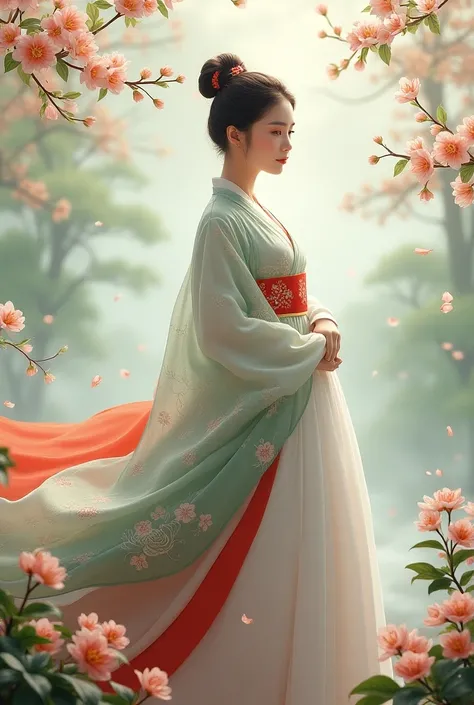  an Indonesian woman dressed in traditional Korean fashion Hanbook, on the background of spring atmosphere ,visible flowers 