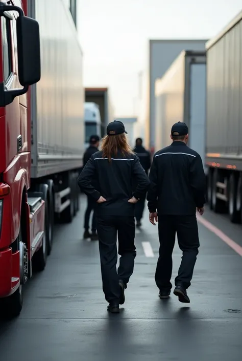 Une photo d’employés Noirs qui travaillent pour une société de transport de marchandises et de personnes. Je veux qu’on voit les employés et les véhicules 