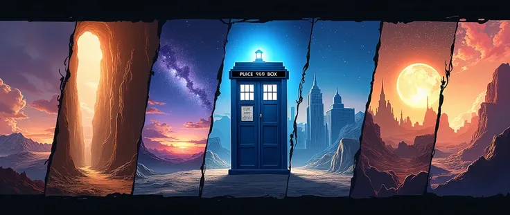 In style of anime and webtoon manhwa style,
Draw Image of the TARDIS on foreground, TARDIS staying in historical epoch.
collage, The dividing line, several images side by side, different time periods, BREAK
[prehistoric era:elder epoch era:modern era:futur...