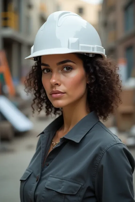  A curly-haired brunette woman, dressed in work clothes ,  Civil engineer with white helmet  