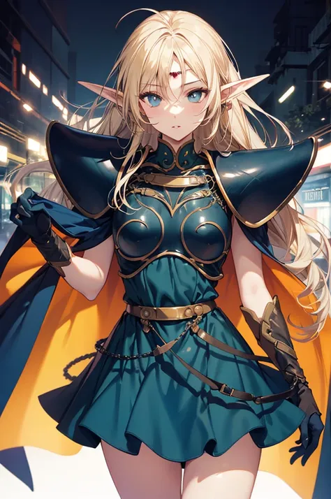 cowboy shot,1girl, deedlit, solo, pointy ears, long hair, blonde hair,green dress, armor, gloves, elf, blue gloves, cape, blue c...