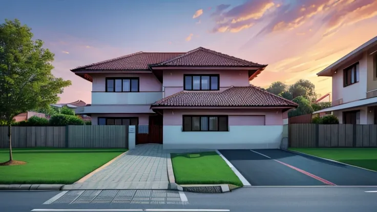 Orthographic full Frontal camera view of two storey house in a middle class neighbourhood. A road is running in front of house.