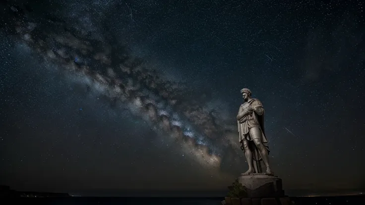 Marcus Aurelius under a starry sky: A serene black and white statue of Marcus Aurelius looking up at the stars, arms crossed in contemplation. He stands at the edge of a cliff, overlooking an endless sea. The backdrop is a night sky filled with constellati...