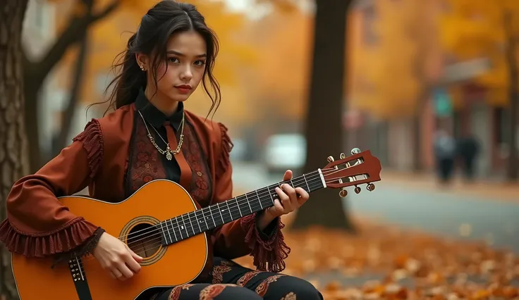 a photo of a beautyful girl playing an acoustic guitar, she is wearing an outfit that is striking yet elegant. The setting is an autumn street with orange and yellow tones