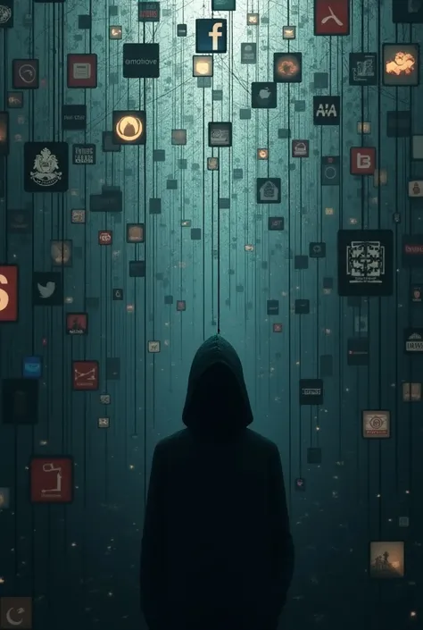 imagem muito realista de A web of interconnected social media icons and news channels, with strings attached to a shadowy figure in the background, controlling the flow of information.