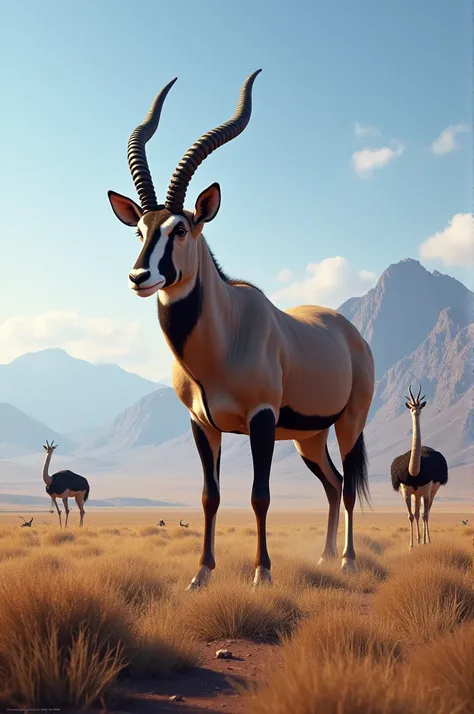  A giant oryx standing majestically over a vast Namibian landscape, with mountains in the background and a clear blue sky.  The oryx displays impressive details in its coat and horns , reflecting sunlight.  It is in a protective pose ,  symbolizing the def...