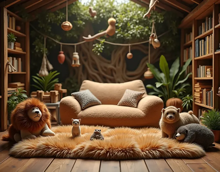 (masterpiece), (best quality), (ultra-detailed), interior setup background of a Noahs Ark theme Diorama studio setup, stuff toy animals, fur carpet, wooden floor boards, brown fur bean bag in the center 