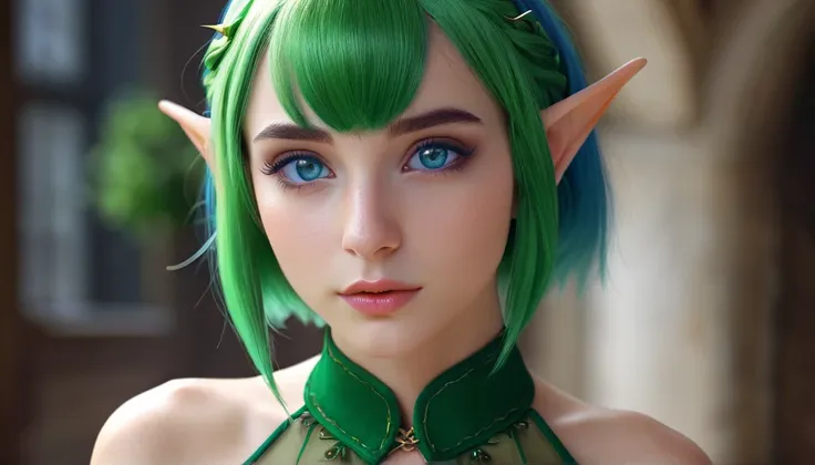 1 elf girl,  short hair over shoulders, green hair, Blue eyes, elf girl, Elf dresses , CG,  big boobs, Hyperrealismus, shy, Close-up, 