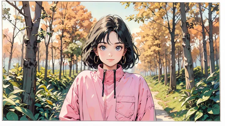 masterpiece, top quality, very detailed, absolute resolution, high resolution, Best quality, 8K, 1990s style, She is standing in the woods in the fall season. She is looking straight at the camera with a big smile. The girl has a bright image and a bright ...