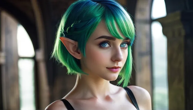 1 elf girl,  short hair over shoulders, green hair, Blue eyes, elf girl, Elf dresses , CG,  big boobs, Hyperrealismus, shy, wide-angle shot, 