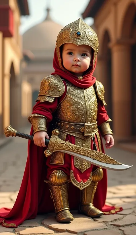 A high realistic image of a baby in a stunning Ottoman warrior outfit, featuring intricate gold and red armor, and holding a small ornate scimitar. The baby stands tall in the Ottoman village.