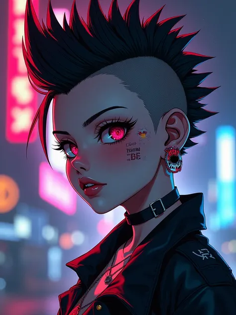 IMG_8237.CR2: Create a close-up illustration of an anime character with a striking mohawk hairstyle, exuding rebellious energy. The character wears accessories inspired by DDOS ATTACK symbols, blending elements of cyberpunk fashion. Her face shows signs of...