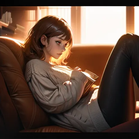 (((Masterpiece, ultra quality, hyper-detailed, realistic anime style, SDXL, 8K resolution, RTX, perfect pixel, depth of field, cinematic lighting, dynamic shadows, high contrast, highly detailed textures))), 1 woman laying comfortably on a plush couch, rea...