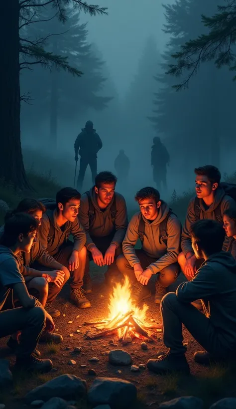 The scene shows a group of nine hikers around a campfire, huddled together for warmth. Mysterious, shadowy figures are faintly visible at the edge of the firelight, creating a tense and foreboding atmosphere.