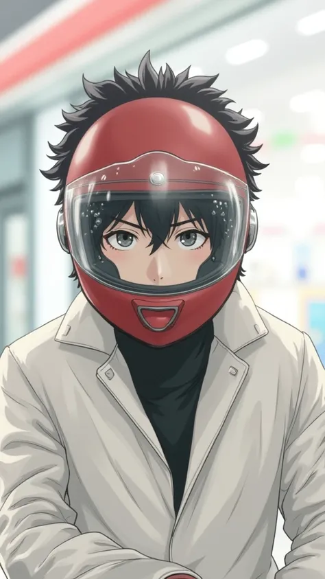 very handsome Japanese high school boy, about to Ride on a motorcycle, at convenience store at night, dramatic scene, masterpiece, (upper body:1.3), clear helmet visor, visor down, lowered visor, raining, water on visor, beautiful eyes,red Shoei helmet