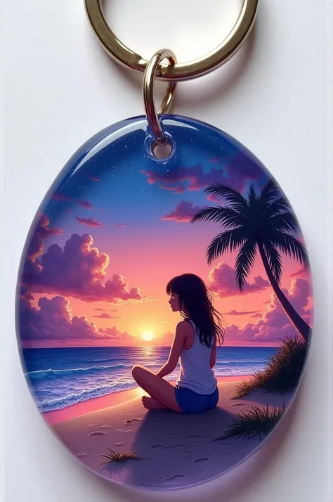 Draw a resin art keychain with sunset at a sea beach. Make the sky a mix of violet and other colours. Add a girl sitting in the beach and watching sunset 