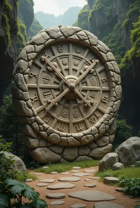 Pre-historic clock front made of stone with carved pointers