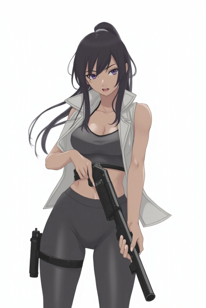  cool anime girl with a shotgun in a sports suit、angle with a fisheye lens  (Minimalism) (White background) 