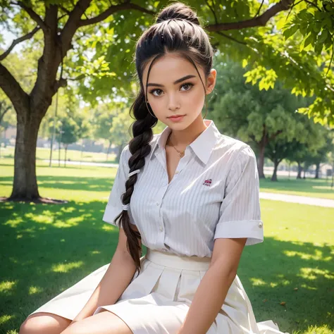 (8k hd clear face with) Healthy 21 year old girl looking beautiful in a ROYALICA Trendy Regular Fit Striped White Colour Cotton Blend Collared Shirt for women and a long white bell skirt with a braided hairstyle sitting in the park under a tree