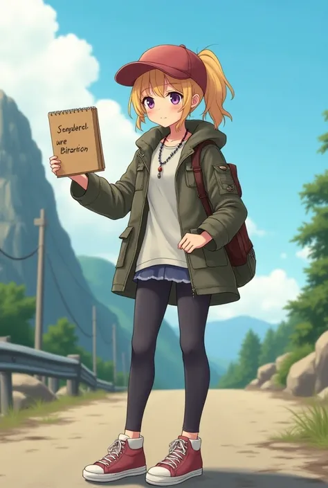 Backpacker, 1woman, Early 20s, Baseball cap, Mods Parka, T-Shirts, mini skirt, leggings, sneakers, Canvas shoulder bag, middle hair, blonde hair, ponytail, roadside, blonde hair, ponytail, bead necklace, longeyelashes, purple eyes, Hold up a sketchbook wit...