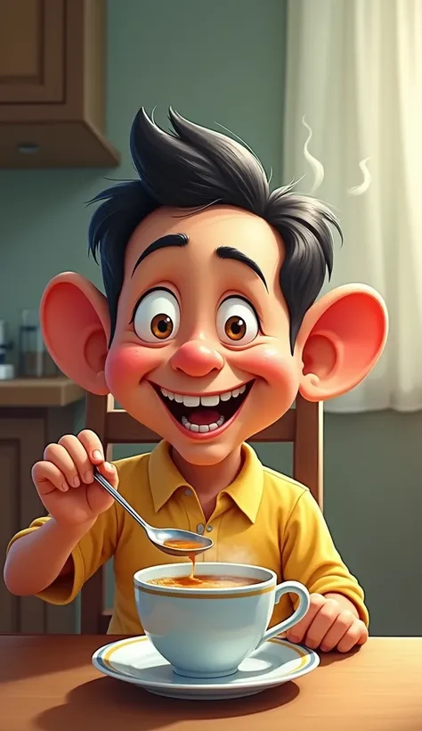 5. Pappu sipping tea: Pappu drinking tea with the spoon still inside the cup, making a funny face as the spoon pokes his eye