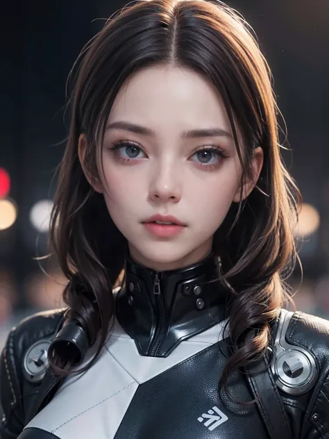 look at viewer、full shot、 Create Test Against Women 、Elite Sniper 、Tight cyberpunk uniform masterpiece、Best Quality、Best Quality、 high res、Real、RAW Photos、8k、1 person、(girl)、Clear deep blue eyes、Sharp Eye、Long eyelashes、Thin Nose、Beautiful Face、1 female