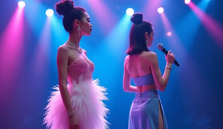 Two Thai women , 20 years old,  The first one, the hair tie Tall gathered, the hair is covered with a voluminous bun. It is a hairstyle of an ancient Thai woman. The figure is slim and toned. She wears a short pink ostrich feather evening dress, embellishe...