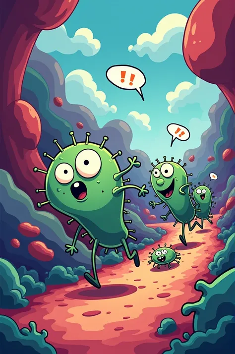  A cartoonish image of immune cells trying to catch an escaping Trypanosoma cruzi, with funny expressions on their faces  