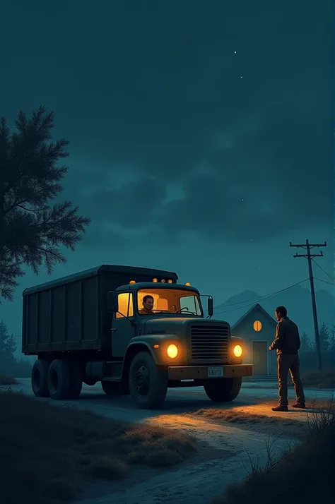 Vijay starting his journey**: A scene of a lone truck driver, Vijay, preparing for his night drive in a remote village. The truck is parked near a small, dimly lit house. The sky is dark, and a cold breeze rustles through nearby trees, with faint mountains...