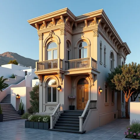 A photorealistic picture of the cutest Victorian Gothic high small narrow apartment which has four floors, springing from the flank of a very high semi-dry steep sloping hill in the island of Santorini at the corner of narrow paths for pedestrians as in Sa...