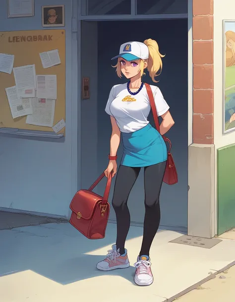 Backpacker, 1woman, Early 20s, Baseball cap, Mods Parka, T-Shirts, mini skirt, leggings, sneakers, Canvas shoulder bag, middle hair, blonde hair, ponytail, roadside, Hold up a sketchbook with your destination written on it, large breasts, blonde hair, pony...