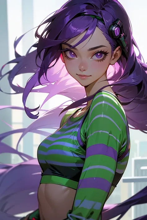 1 person,  Straight Patten ,  blading, Big Sleeves,  hair accessory,Obi says, ( Purple Hair:1.2), Long Hair,  STRAIGHT HAIR, To the audience::,  Detailed Background, (Realistic:1.2),  beautiful eyes,  red eyeshadow, thigh, (Urzan-6500:0.7),  upper body(Alo...