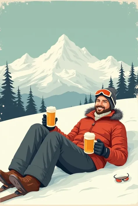 Vintage-style illustration poster, featuring a man lying on the snow, dressed in ski gear, smiling, and holding beer mugs in each hand. In the background, you can see snowy mountains in the distance. At the top, there is text that reads: Aprés Ski Club.