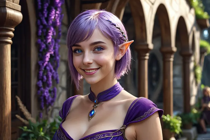 1 elf girl,  short hair over shoulders, Blue eyes, elf girl, Elf dresses , UHD,  super detailed , Grin,  big boobs, Hyperrealismus, Purple hair, 