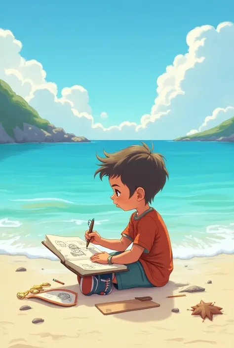 Boy sitting on the shore of this sea drawing in an animated notebook