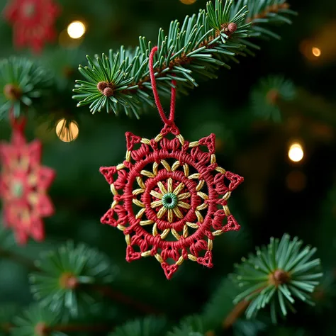 Crochet Christmas decoration on chirtmas tree branch