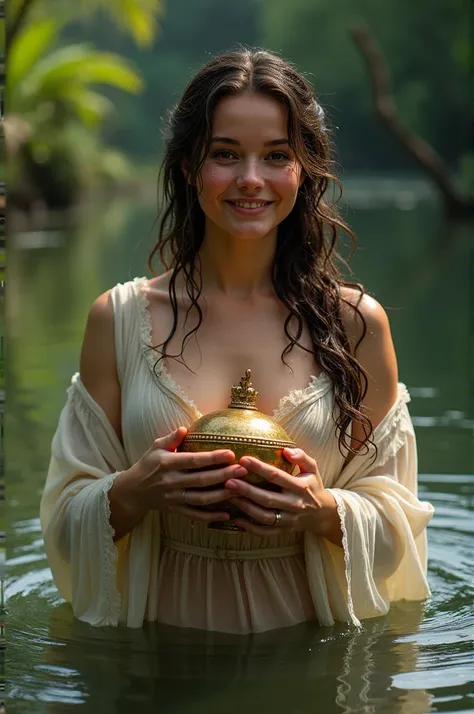 The woman emerging from the pond, holding the  safely in her arms, both looking relieved and grateful. Character: She is dripping wet but smiling, radiating warmth and relief historical image 