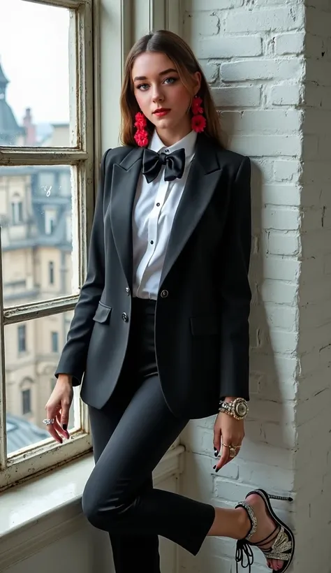 A fashion portrait photograph of a young woman posing confidently by a large window with multiple panes, overlooking an urban cityscape. She is positioned slightly off-center to the right, leaning against the windowsill with her left leg bent and raised, r...