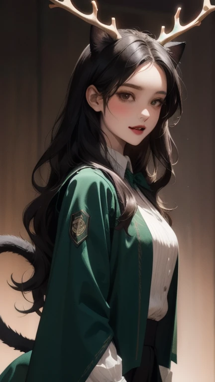  beautiful woman,  long wavy black hair,  brown eyes, cat ears and tail, fangs, antlers,  dressed as Slytherin , Harry Potter, Hogwarts, Slytherin Girl 