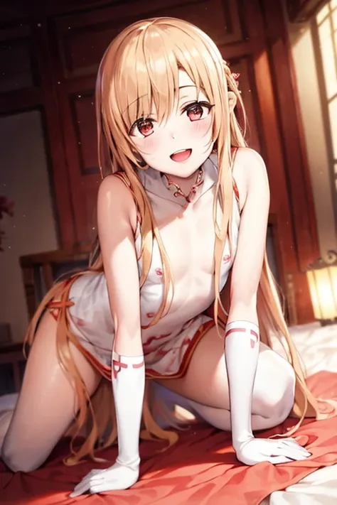 ((Best Quality)), ((masterpiece)), (be familiar with),  perfect face, indoor, bedroom, Watching the audience,
One woman, Yuuki Asuna,
Open Mouth, Ecstatic expression, blush, smile,
Small breasts,  flat chest, , , child, Girl,
Long Hair, Long Hair,
Leg spre...