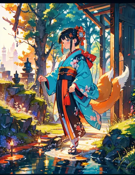   high res, Overall saturation is bright, Fantasy ,kimono,
 1 girl,Another world,fox,
 close-up , 