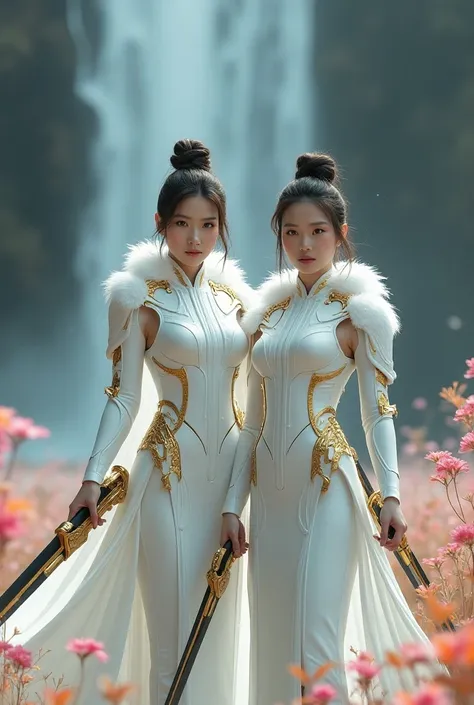 This picture shows two beautiful golden crowned Korean women with an aura of leadership.  She is wearing white futuristic armor decorated with gold mechanical details and feathers white on the collar,  creating a strong and elegant impressioncomplete with ...